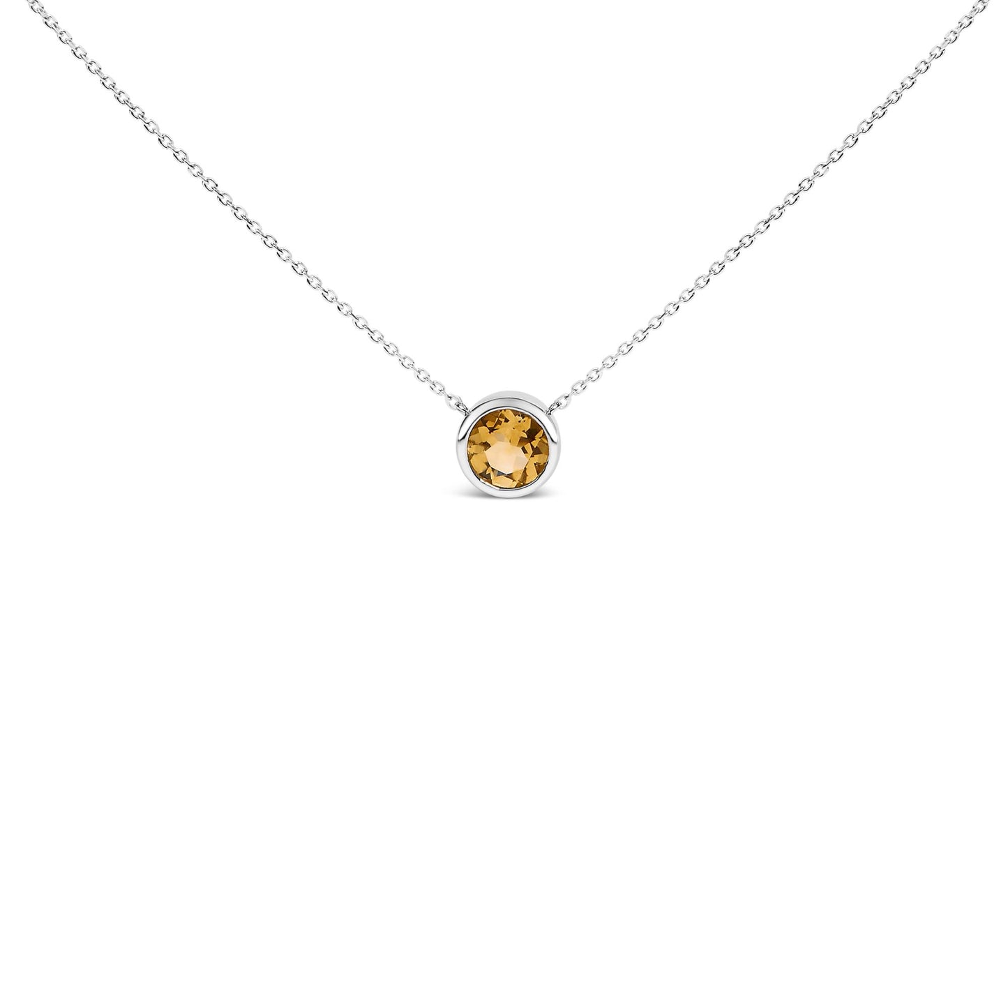 White necklace with a round yellow gemstone in a bezel setting, shown in a front-facing close-up.