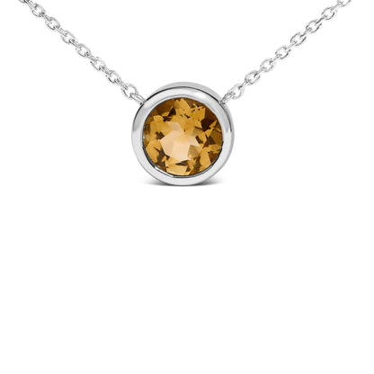 White metal necklace with a round yellow gemstone in bezel setting, shown in a front close-up view.