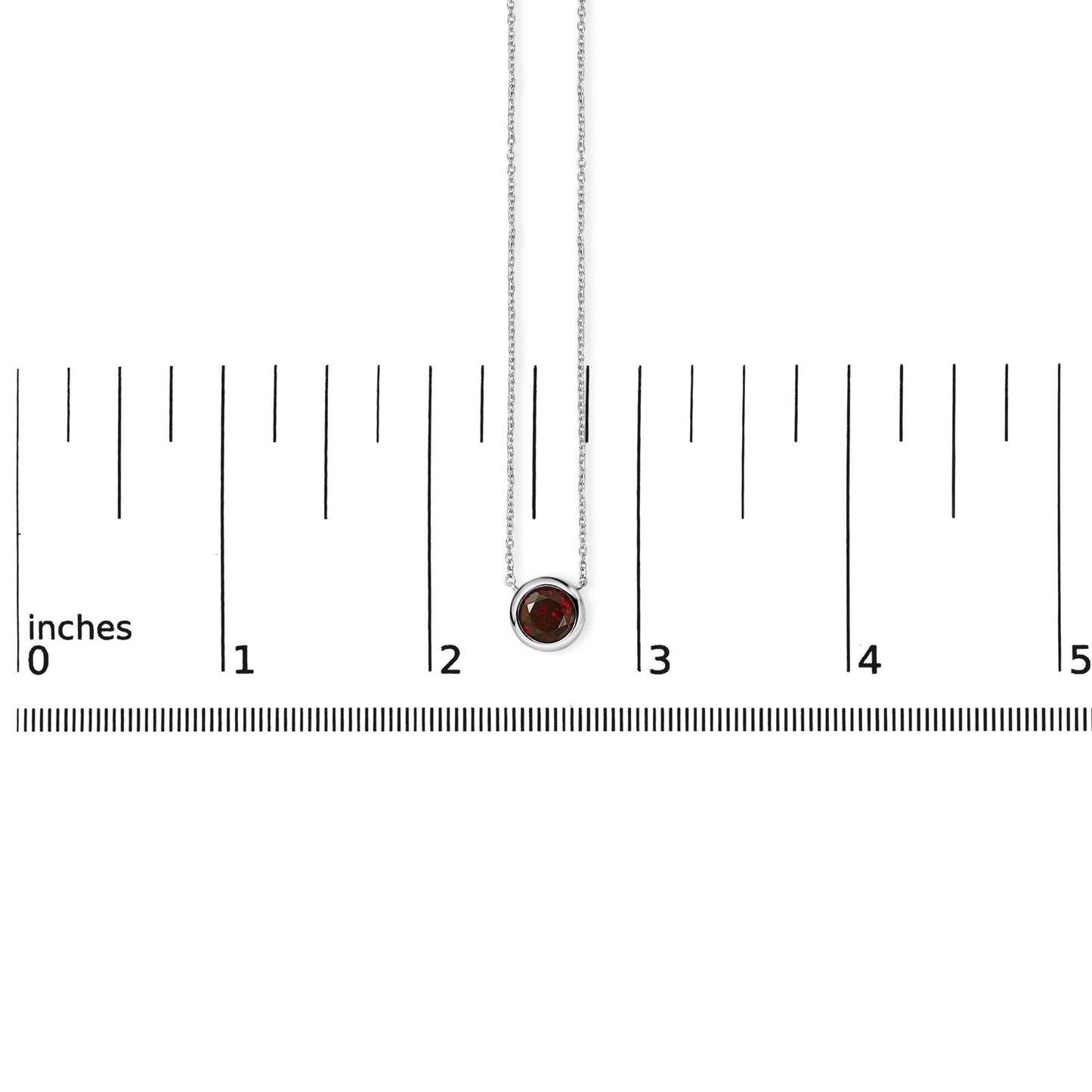 White necklace with round red gemstone in bezel setting shown on a ruler scale, front view.