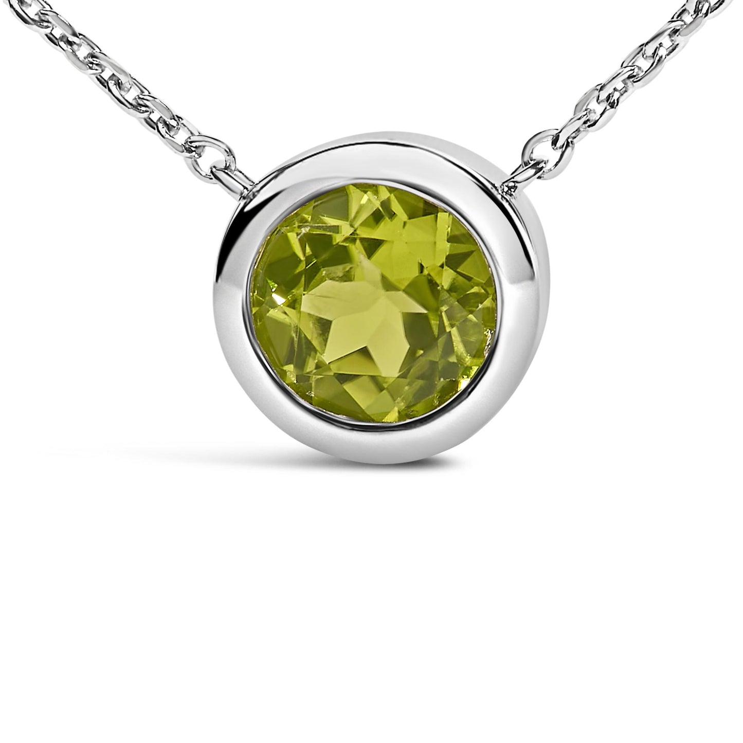 Close-up front view of a white metal necklace featuring a round green gemstone in a bezel setting.