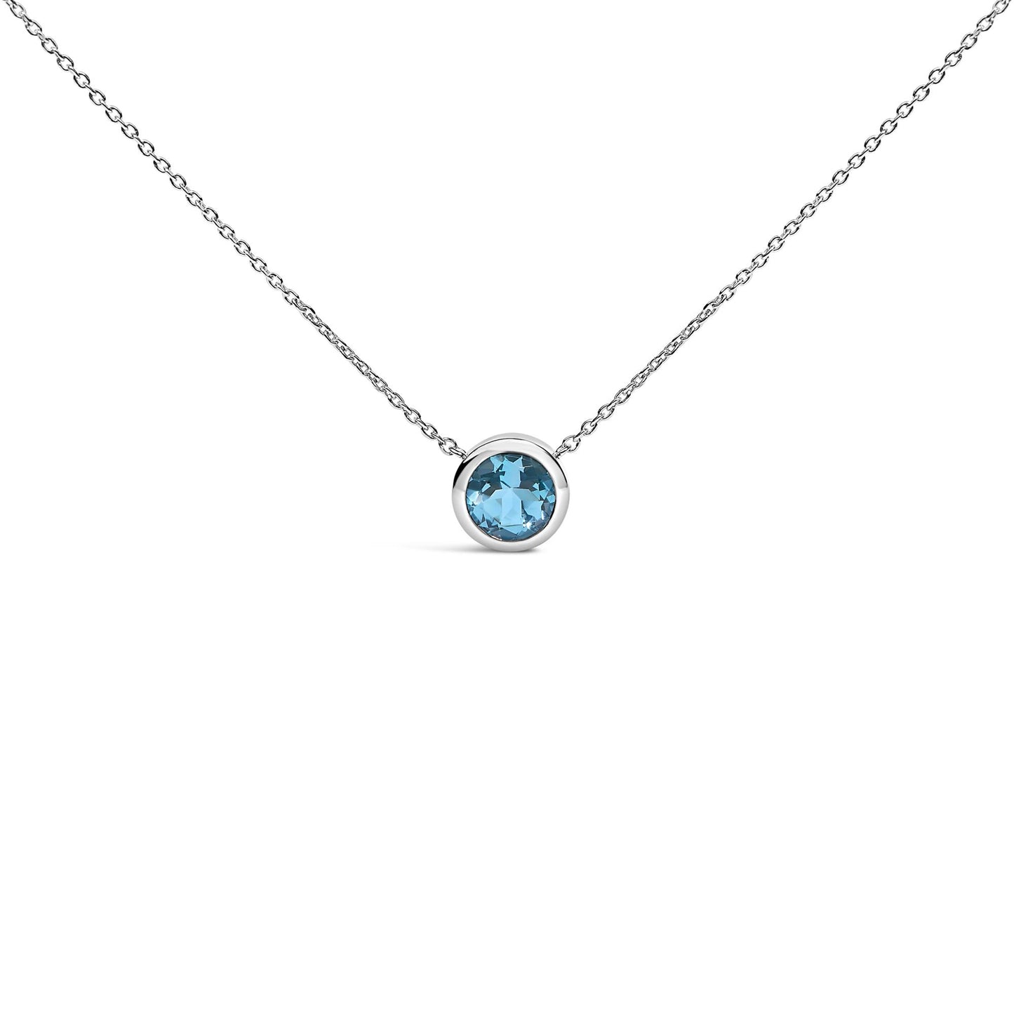 Close-up front view of a white necklace with a single round blue gemstone in a bezel setting centered on a delicate chain.