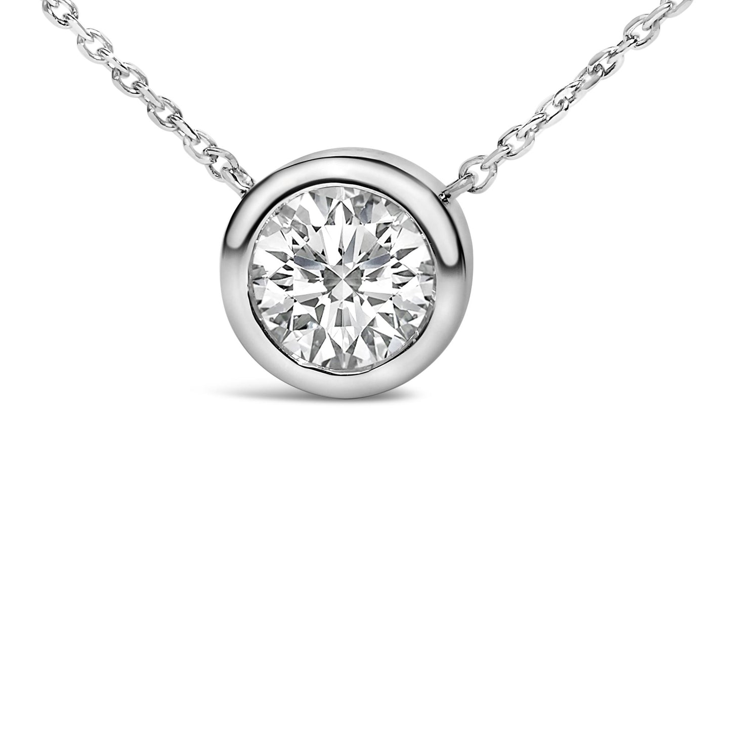 Close-up front view of a white metal necklace with a round white gemstone in a bezel setting.