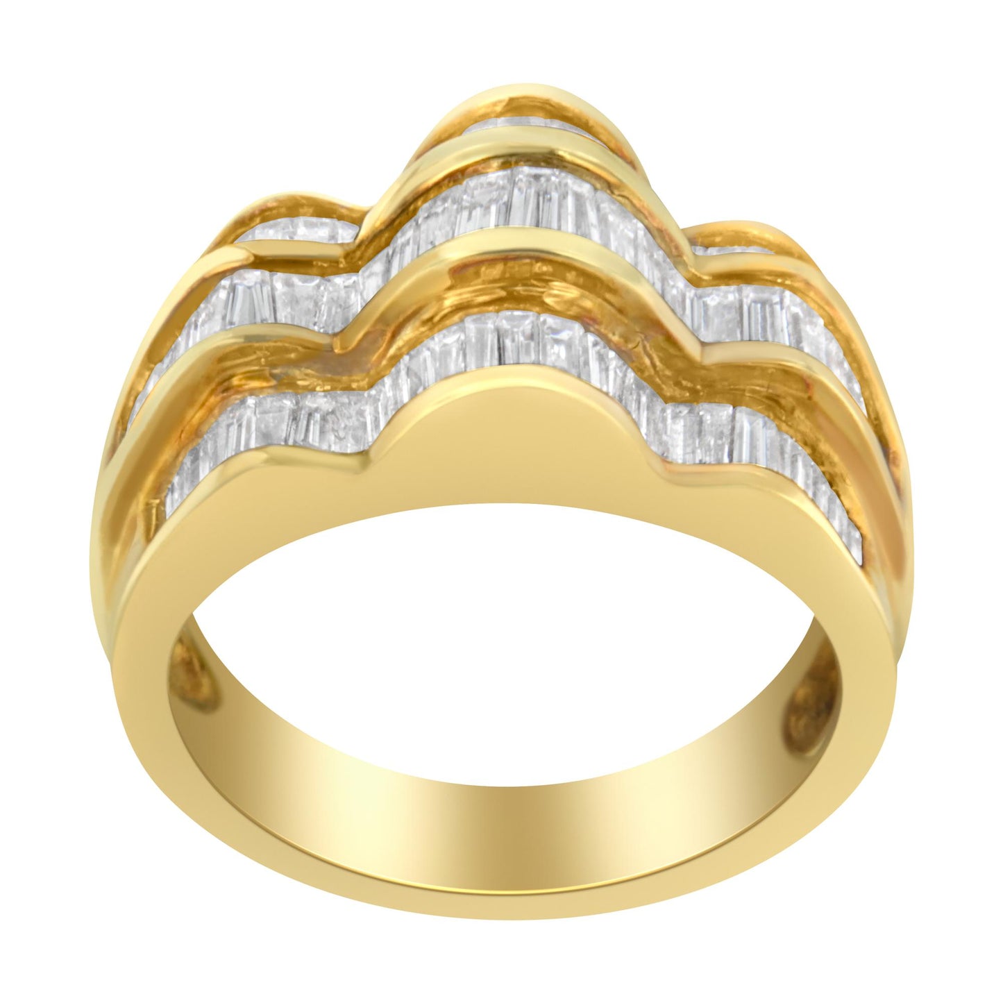 Front-facing close-up of a yellow metal ring with three wavy bands featuring channel-set white baguette-shaped gemstones.