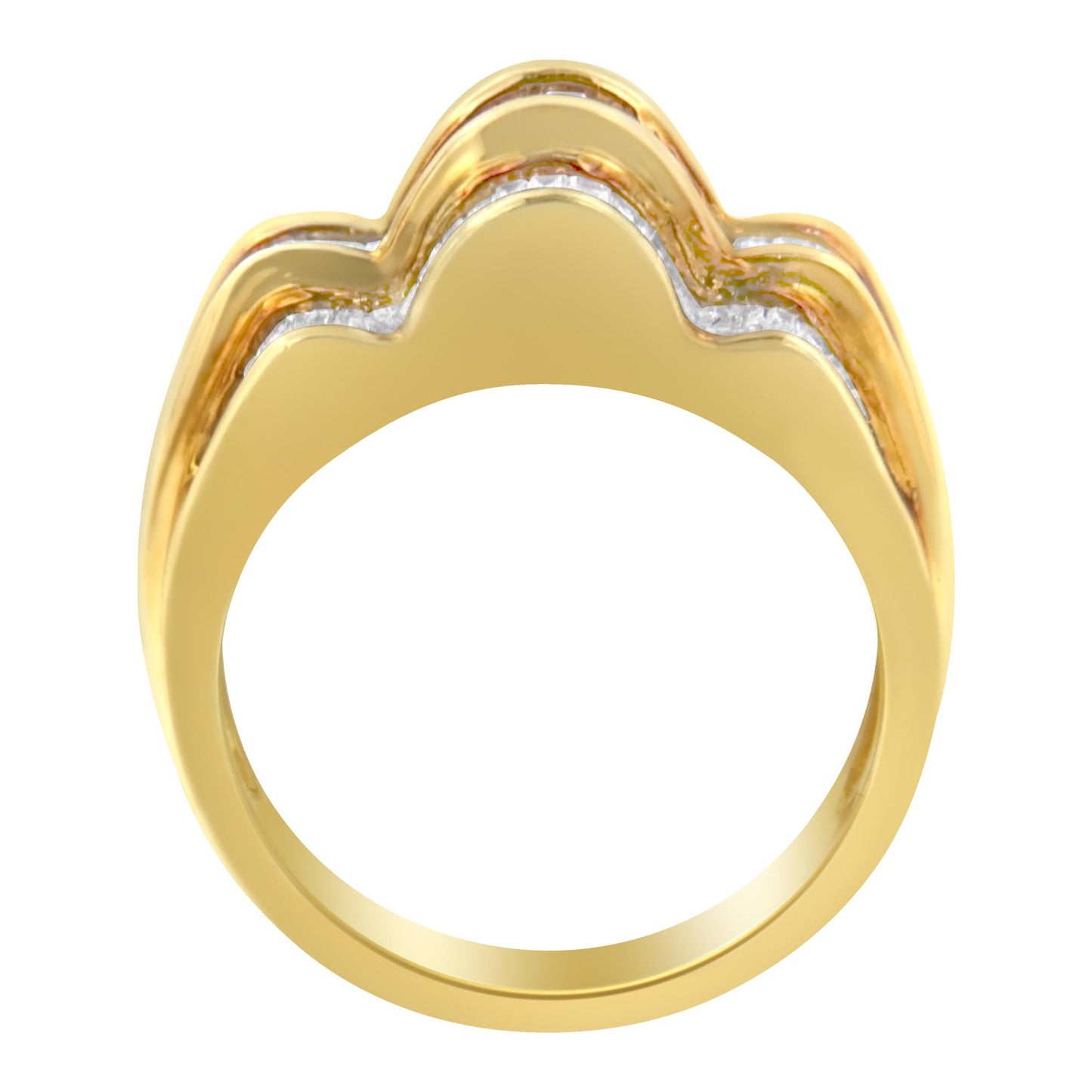 Front view of a yellow metal ring with a wavy design featuring a channel setting of white baguette-shaped gemstones.