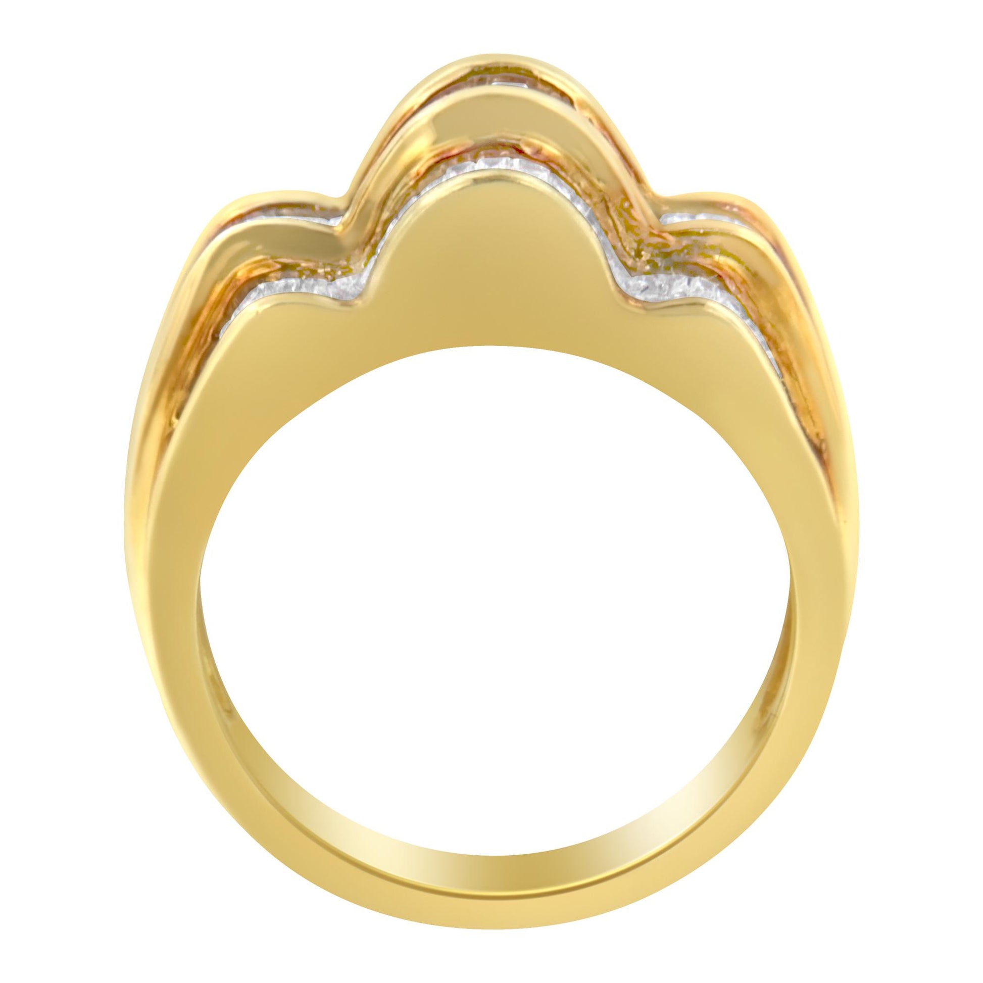Front view of a yellow metal ring with a wavy design featuring a channel setting of white baguette-shaped gemstones.