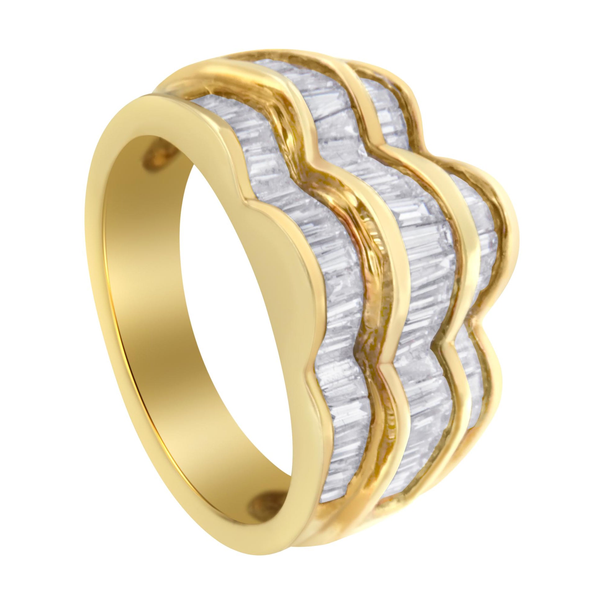 Yellow metal ring with three wavy rows of channel-set white baguette-shaped gemstones, shown at a slight angle.