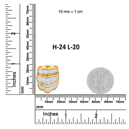 Yellow metal ring with three rows of white baguette-shaped gemstones in channel settings, displayed on a ruler and scale for size reference, front angle.