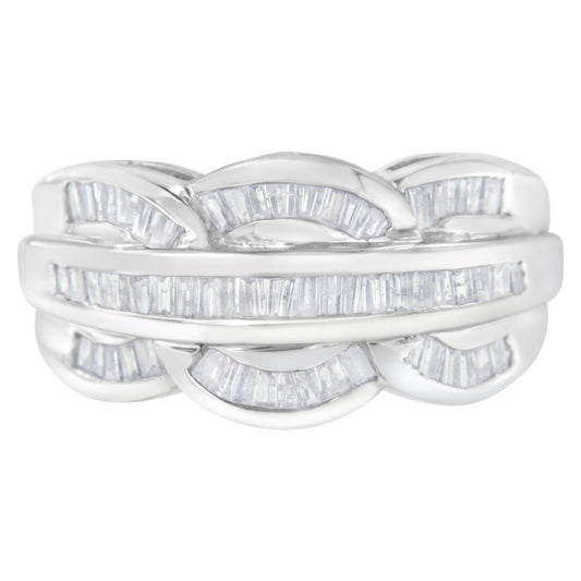 Front angle of a white metal ring featuring intertwined design with channel-set white baguette-shaped gemstones.