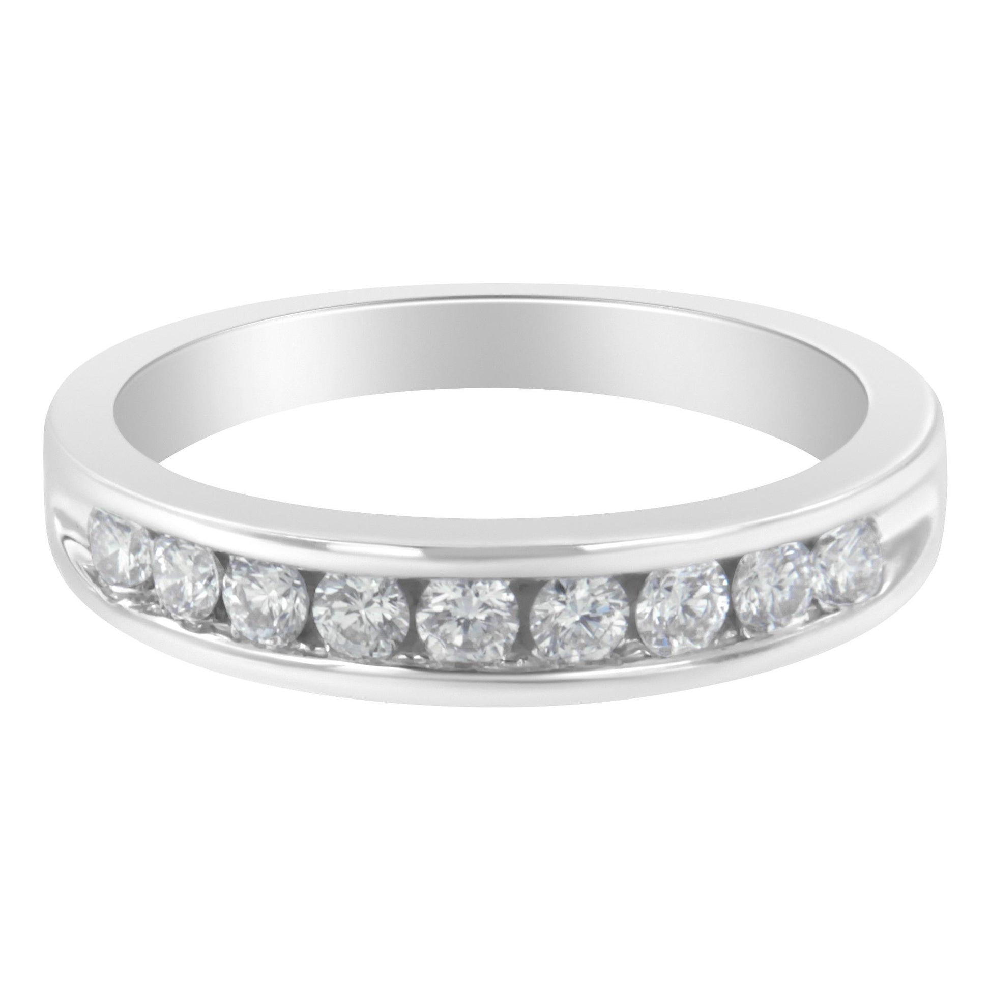 Front angle of a white metal ring featuring a channel setting of round white gemstones.