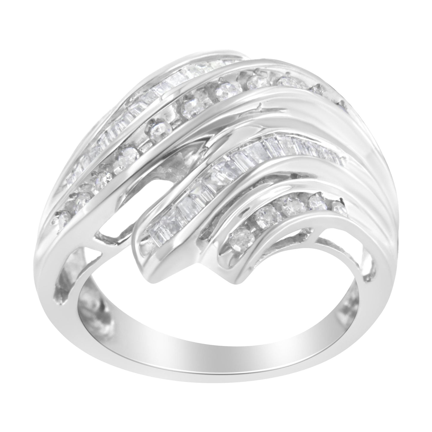 White metal ring with alternating rows of round and baguette white gemstones in channel settings, shown from a side angle.