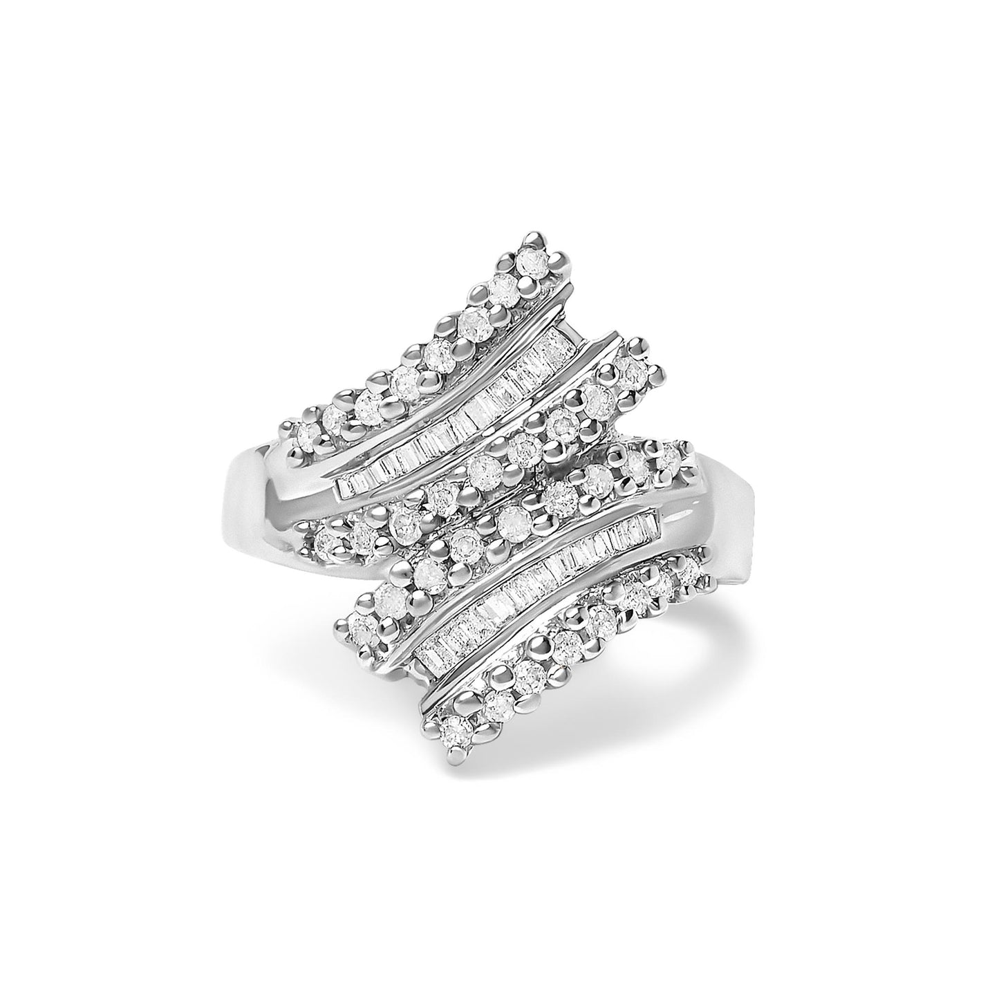 Close-up front angle of a white metal ring featuring multiple rows of round white gemstones in prong settings and baguette white gemstones in channel settings.
