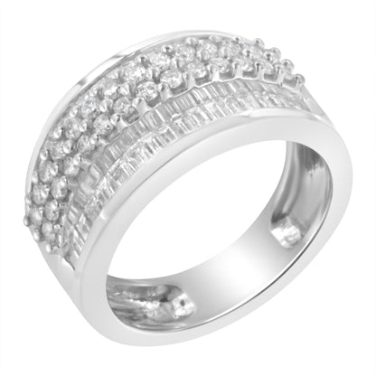 White metal ring with three rows of white round gemstones in prong settings on top and a middle row of white baguette gemstones in channel setting, shown at an angled close-up.
