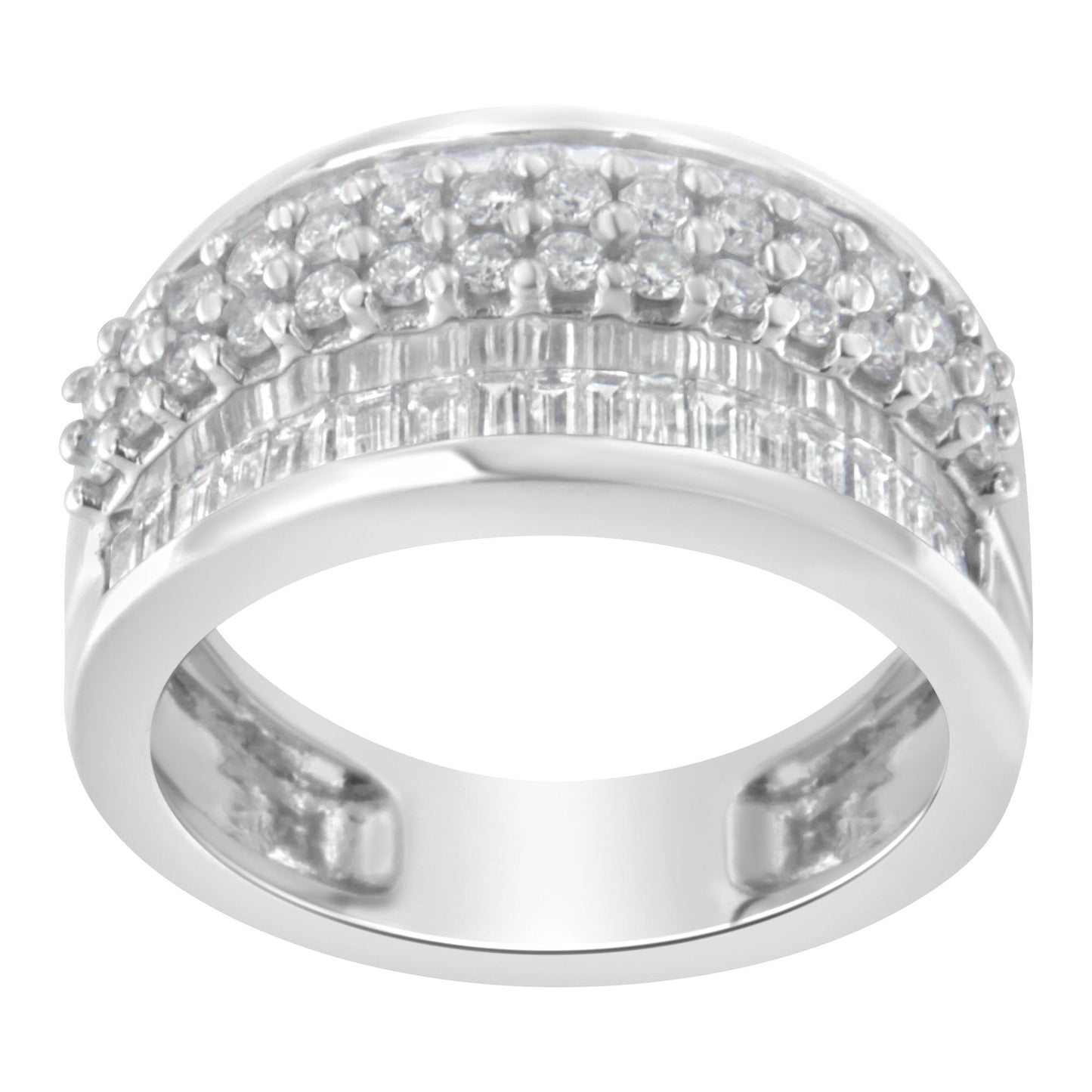White metal ring with rows of round prong-set white gemstones above a band of baguette channel-set white gemstones, shown from a front angled view.