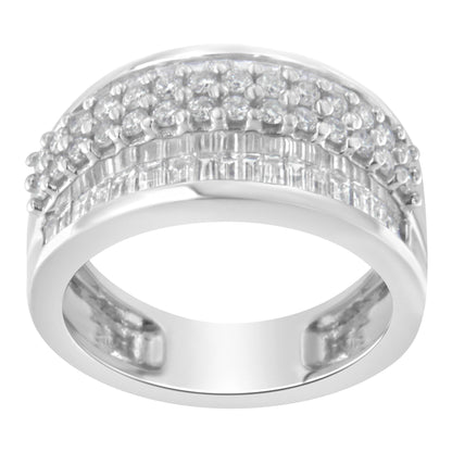 White metal ring with rows of round prong-set white gemstones above a band of baguette channel-set white gemstones, shown from a front angled view.