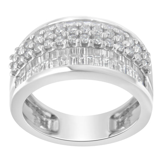 White metal ring with rows of round prong-set white gemstones above a band of baguette channel-set white gemstones, shown from a front angled view.