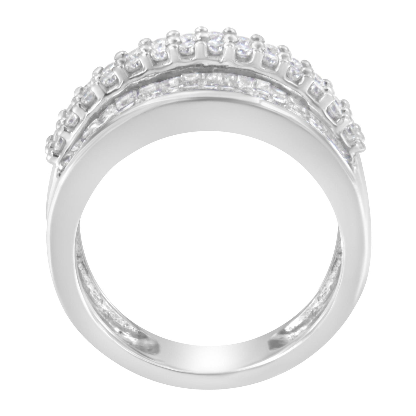 White metal ring shown from a top-down angle featuring rows of round prong-set and baguette channel-set white gemstones.