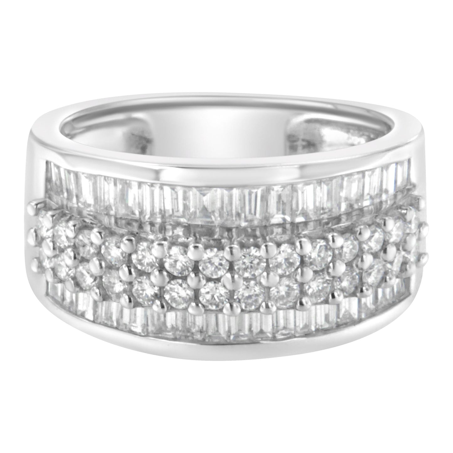 Front angled view of a white metal ring featuring a central row of round white gemstones in prong settings, flanked by rows of baguette white gemstones in channel settings.