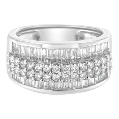 Front angled view of a white metal ring featuring a central row of round white gemstones in prong settings, flanked by rows of baguette white gemstones in channel settings.