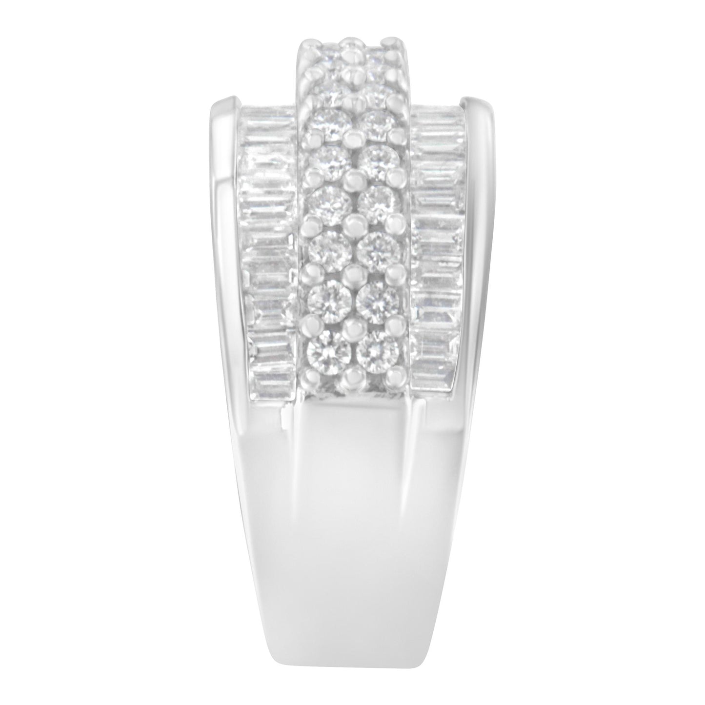 Front view of a white metal ring featuring a center band of round white gemstones in prong setting, flanked by two rows of baguette-shaped white gemstones in channel setting.