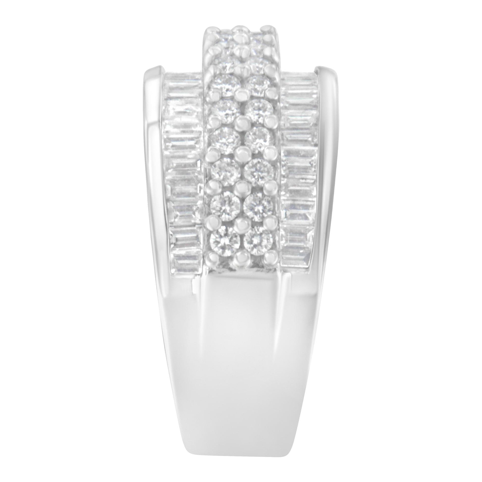 Front view of a white metal ring featuring a center band of round white gemstones in prong setting, flanked by two rows of baguette-shaped white gemstones in channel setting.