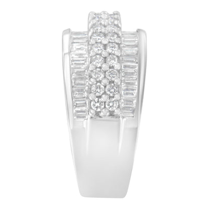 Front view of a white metal ring featuring a center band of round white gemstones in prong setting, flanked by two rows of baguette-shaped white gemstones in channel setting.