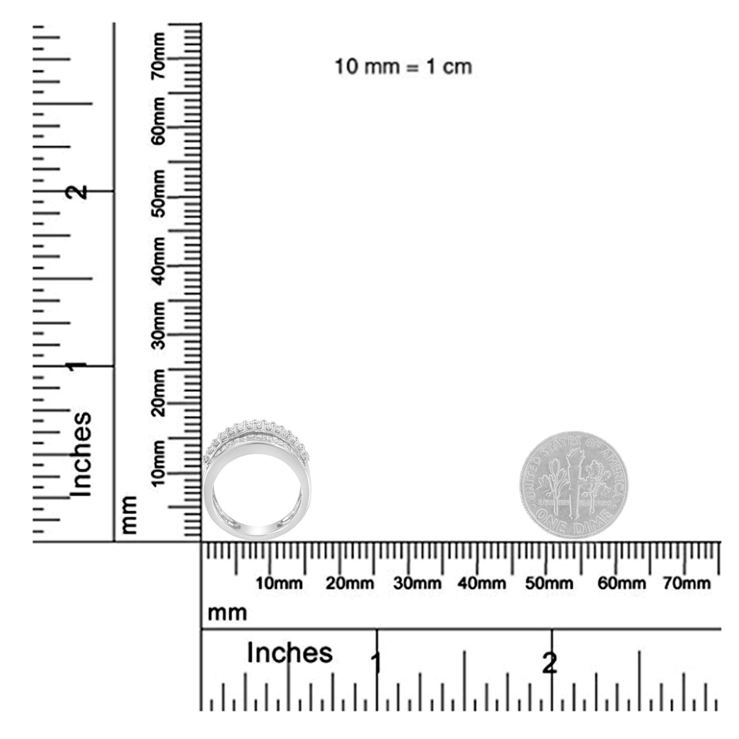 White metal ring with rows of round prong-set white gemstones and baguette channel-set white gemstones, shown on a ruler for size reference from a front angle.