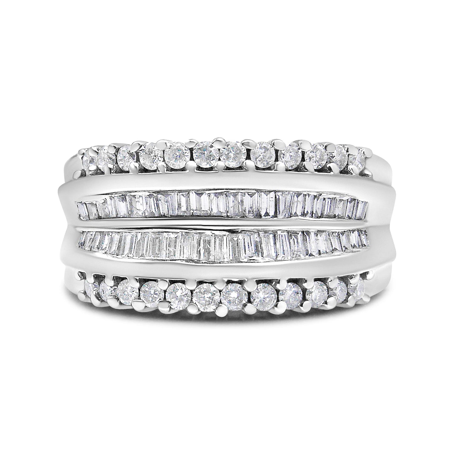 Front view of a white metal ring with rows of round prong-set white gemstones on top and bottom edges and two middle rows of channel-set baguette-shaped white gemstones.
