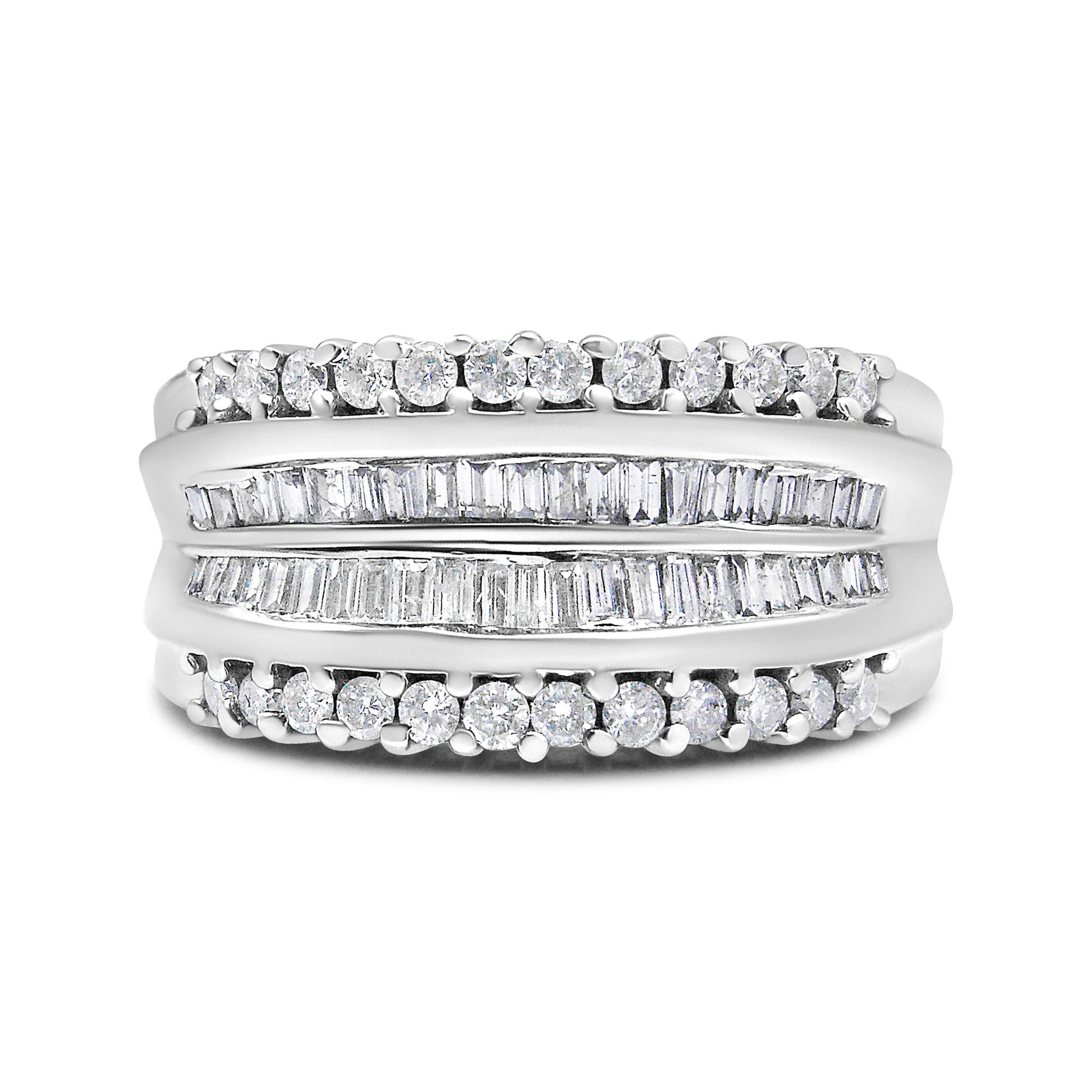 Front view of a white metal ring with rows of round prong-set white gemstones on top and bottom edges and two middle rows of channel-set baguette-shaped white gemstones.