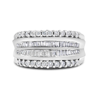 Front view of a white metal ring with rows of round prong-set white gemstones on top and bottom edges and two middle rows of channel-set baguette-shaped white gemstones.