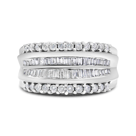 Front view of a white metal ring with rows of round prong-set white gemstones on top and bottom edges and two middle rows of channel-set baguette-shaped white gemstones.