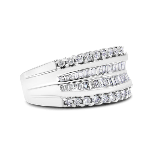 White metal ring with two rows of round prong-set white gemstones along top and bottom edges and two channels of baguette channel-set white gemstones in the center, shown from a side angle.
