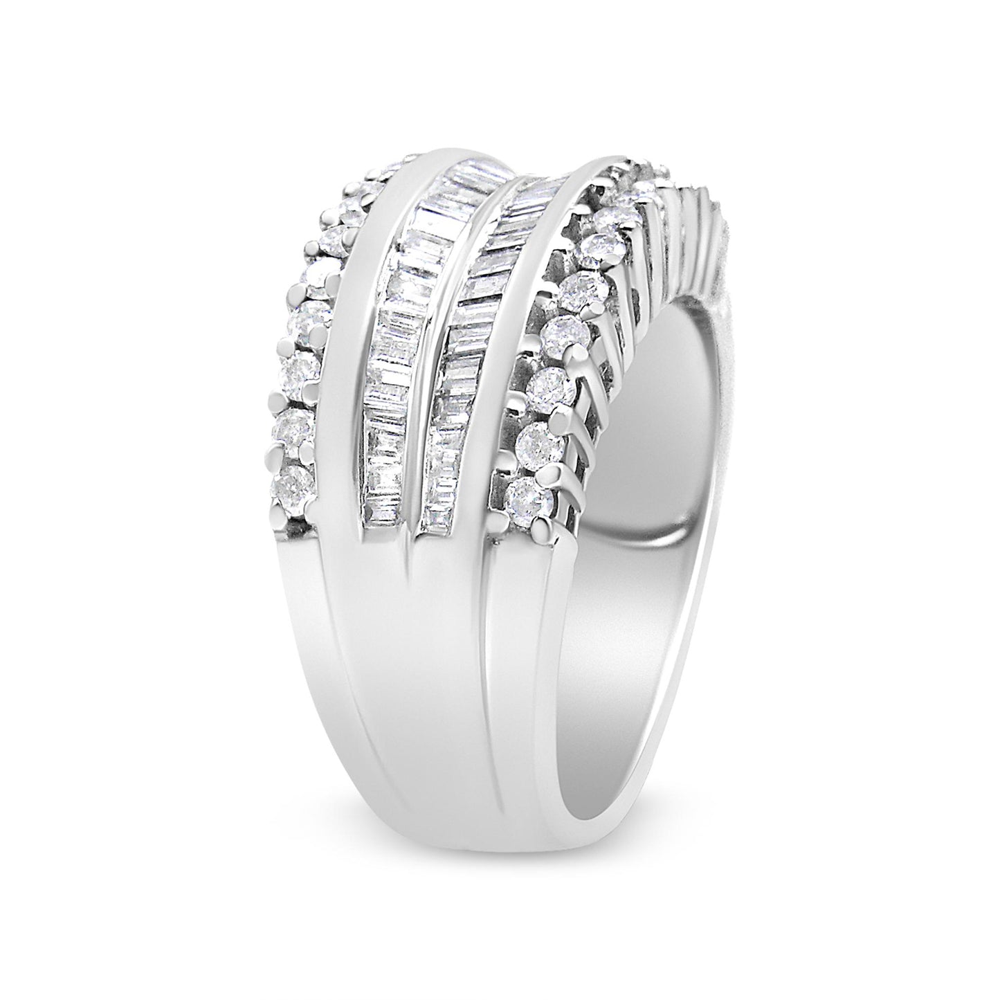 White metal ring with rows of round prong-set white gemstones flanking two rows of baguette channel-set white gemstones, shown at a three-quarter angle.