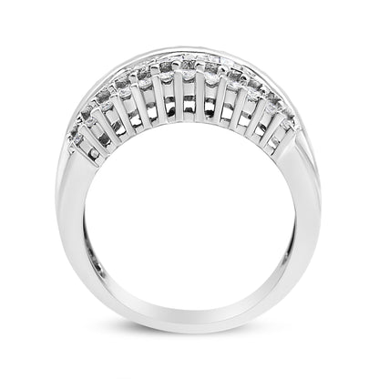 Front-facing view of a white metal ring featuring two rows of channel-set baguette-shaped white gemstones and a row of prong-set round-shaped white gemstones above.