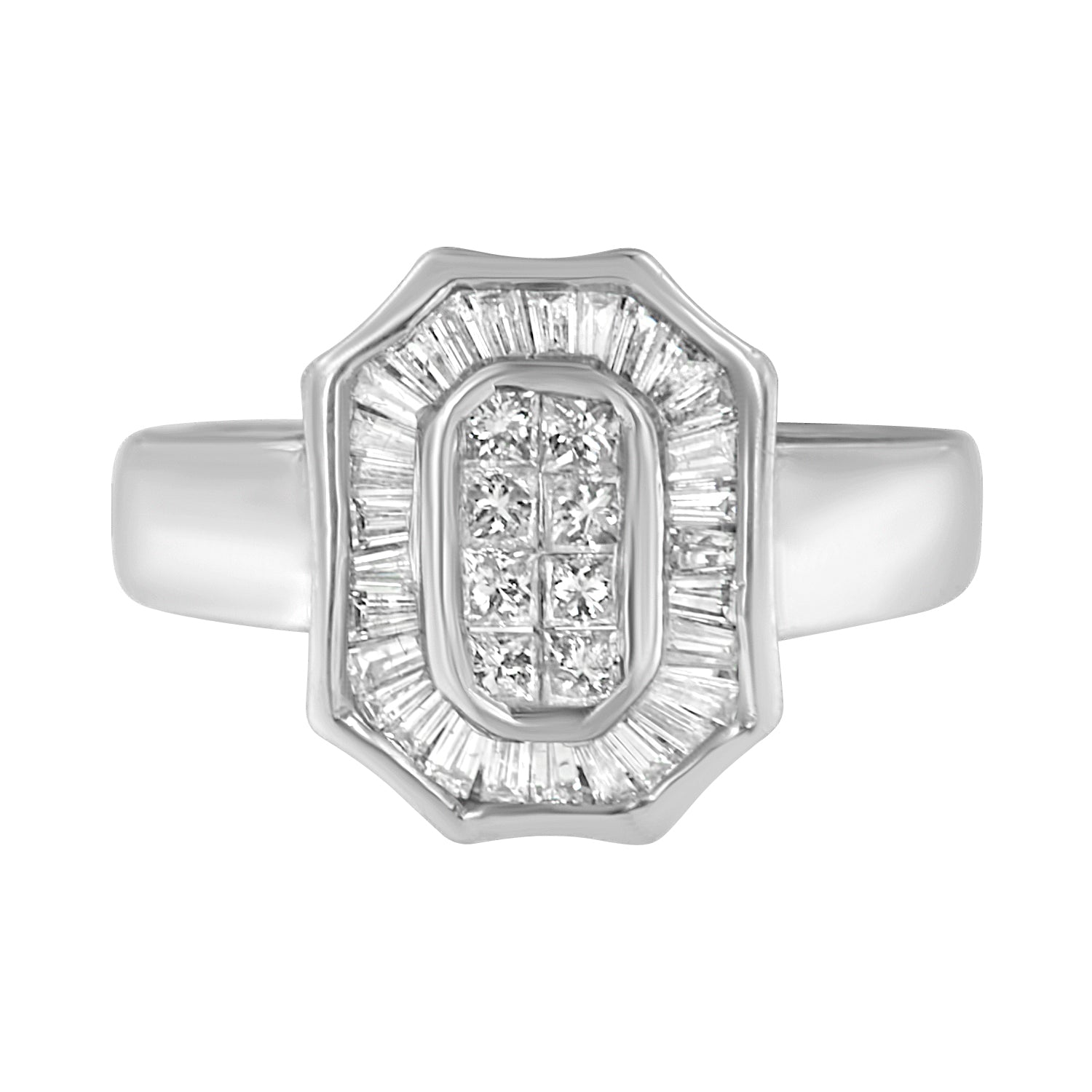 Front view of white metal ring featuring a center cluster of princess-shaped white gemstones in invisible setting surrounded by a border of baguette-shaped white gemstones in channel setting.