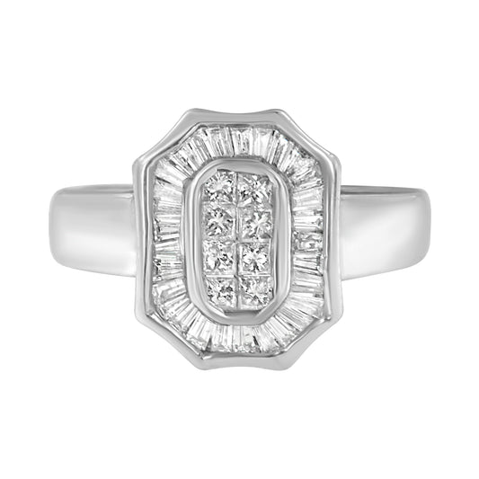 Front view of white metal ring featuring a center cluster of princess-shaped white gemstones in invisible setting surrounded by a border of baguette-shaped white gemstones in channel setting.