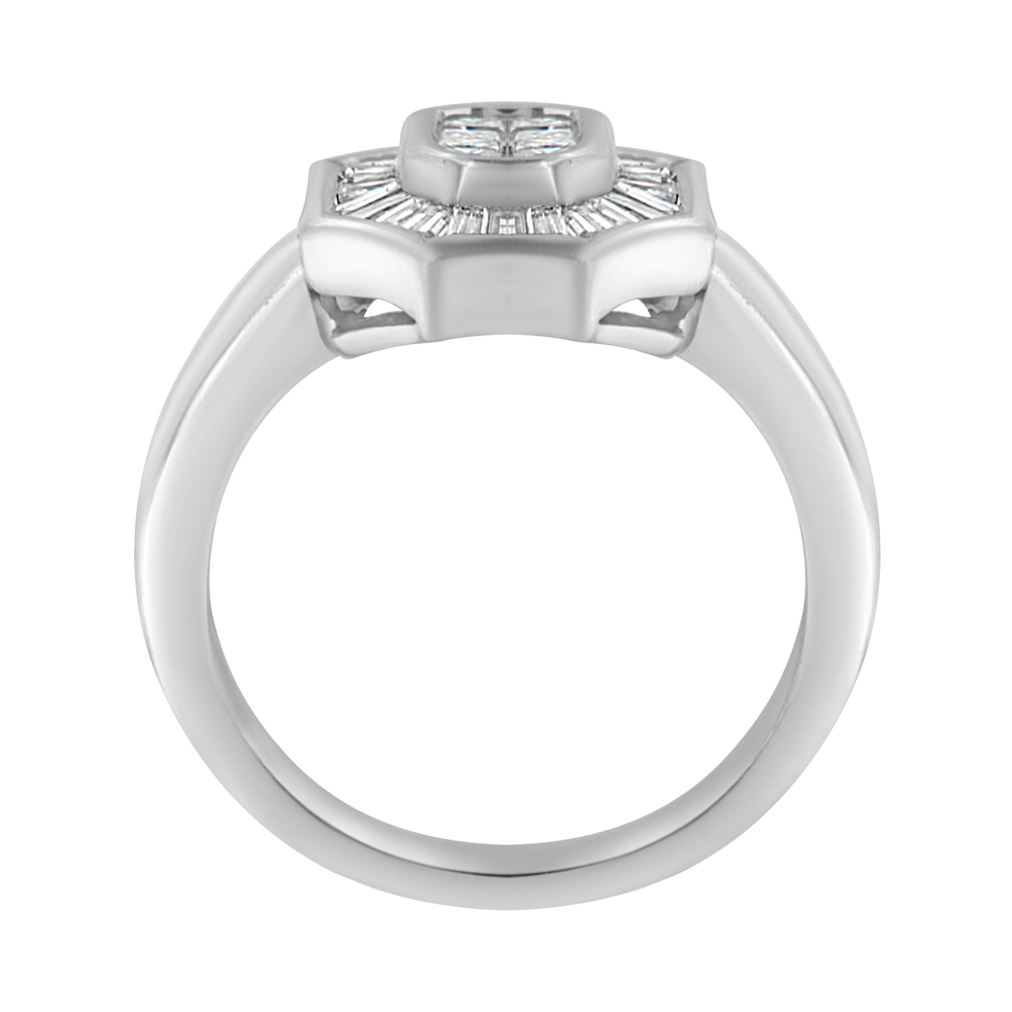 White metal ring with a view of the side profile showing a raised hexagonal cluster of white baguette and princess shaped gemstones in channel and invisible settings.