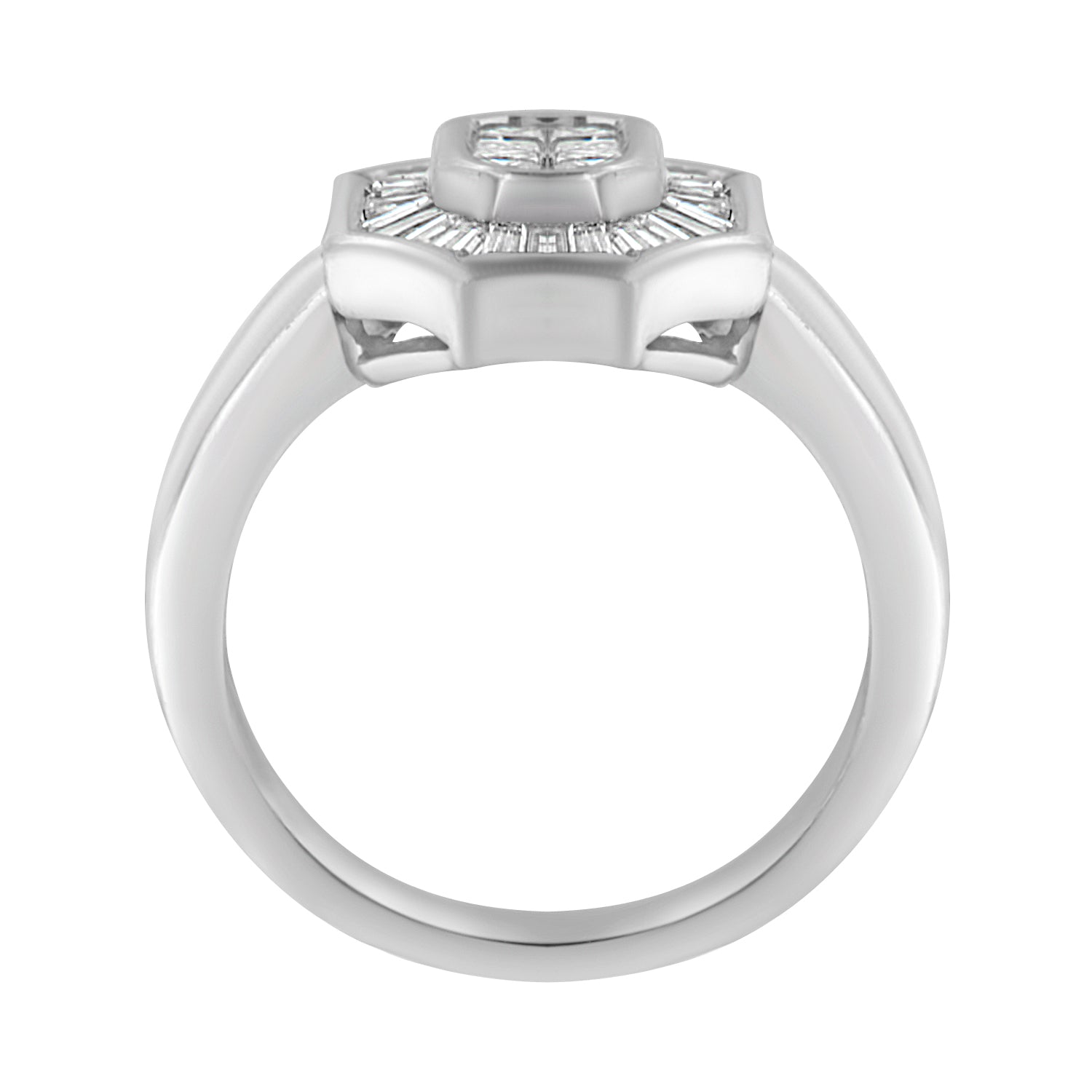 White metal ring with a view of the side profile showing a raised hexagonal cluster of white baguette and princess shaped gemstones in channel and invisible settings.