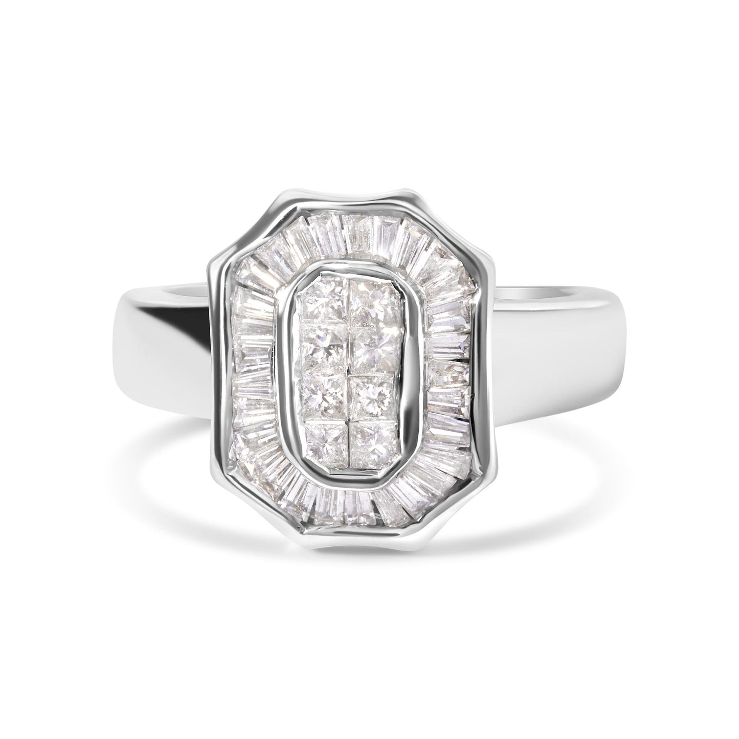 Front angled view of a white ring featuring a center cluster of square-shaped white gemstones with a surrounding halo of baguette-shaped white gemstones in a channel setting.