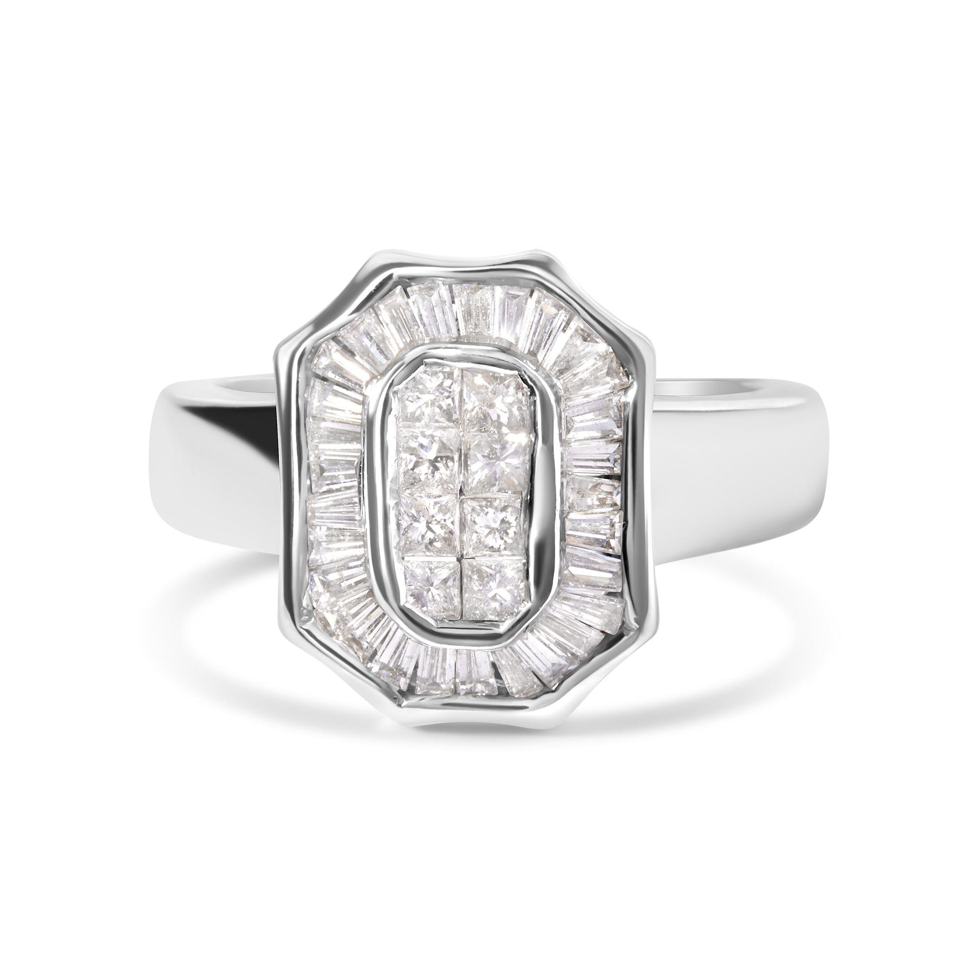 Front angled view of a white ring featuring a center cluster of square-shaped white gemstones with a surrounding halo of baguette-shaped white gemstones in a channel setting.