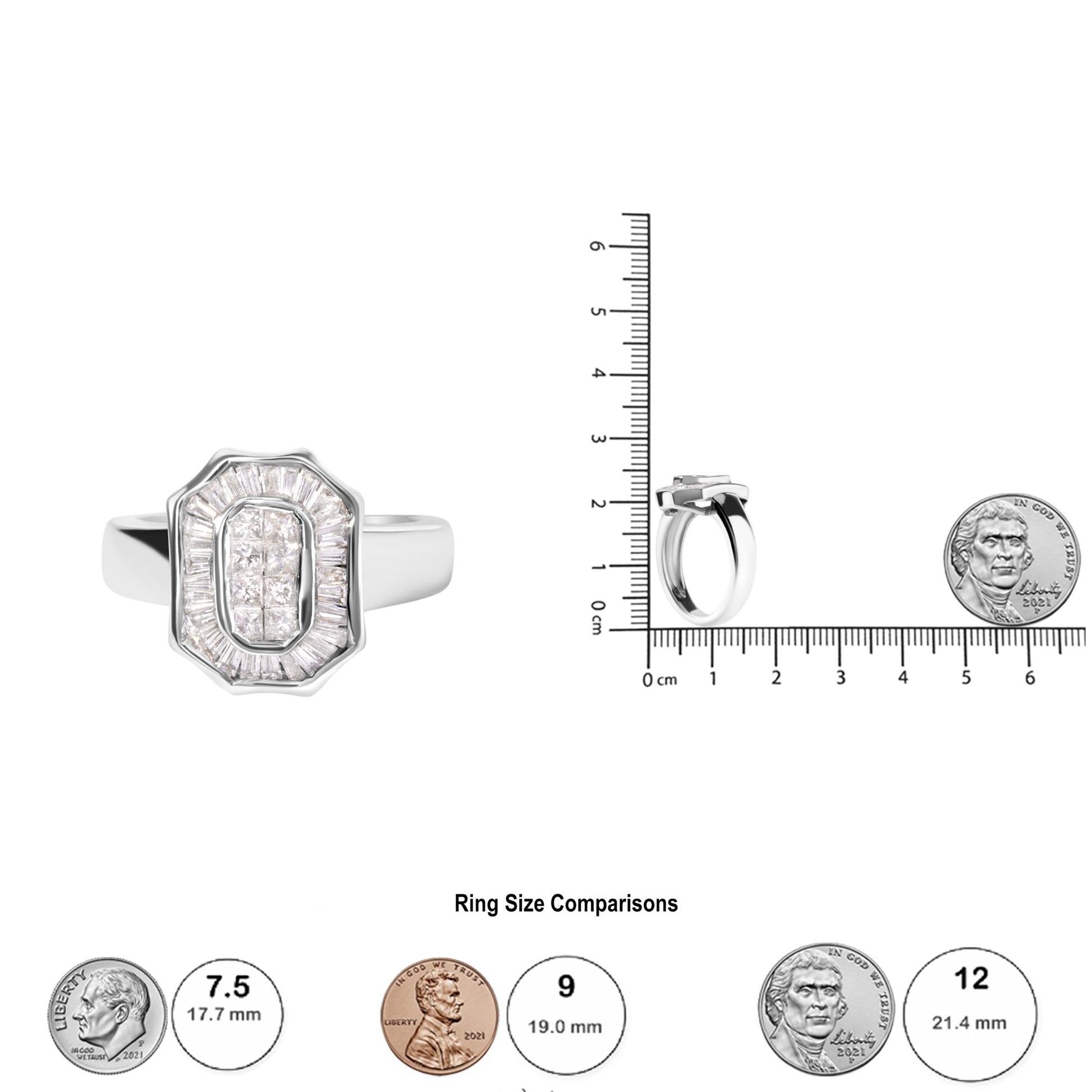 Front and side views of a white metal ring with rectangular top featuring white baguette shape gemstones in channel setting around eight white princess shape gemstones in invisible setting, shown against a ruler and coin scale for size reference.