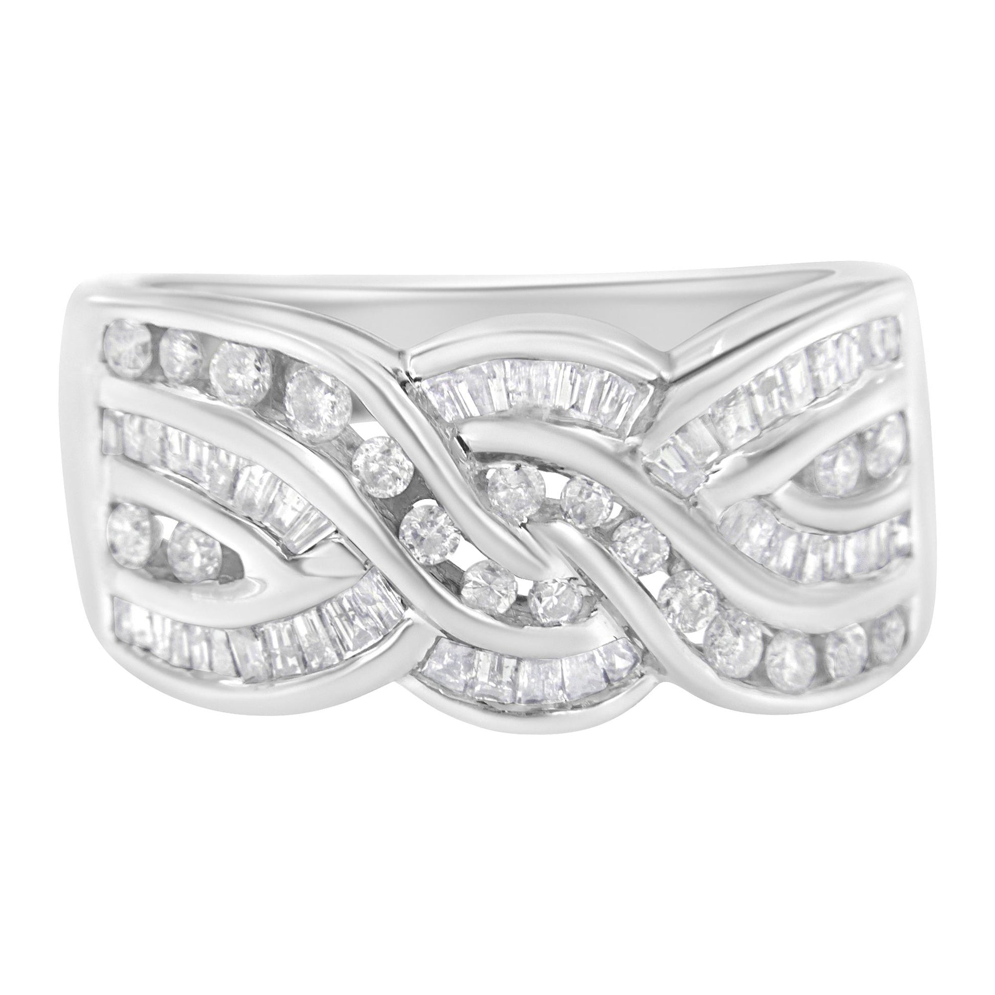 White metal ring with intertwined design featuring round and baguette shaped white gemstones in channel settings, shown from a front angle.