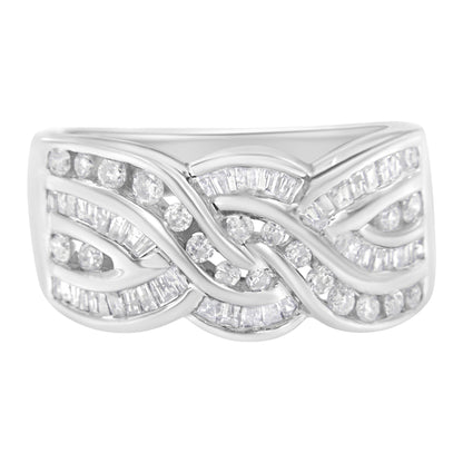White metal ring with intertwined design featuring round and baguette shaped white gemstones in channel settings, shown from a front angle.