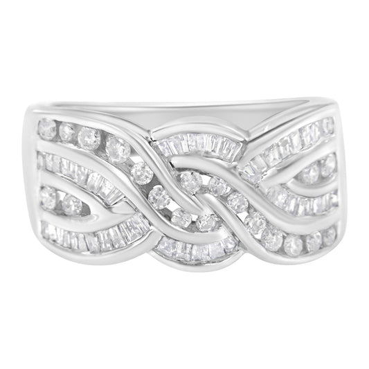 White metal ring with intertwined design featuring round and baguette shaped white gemstones in channel settings, shown from a front angle.