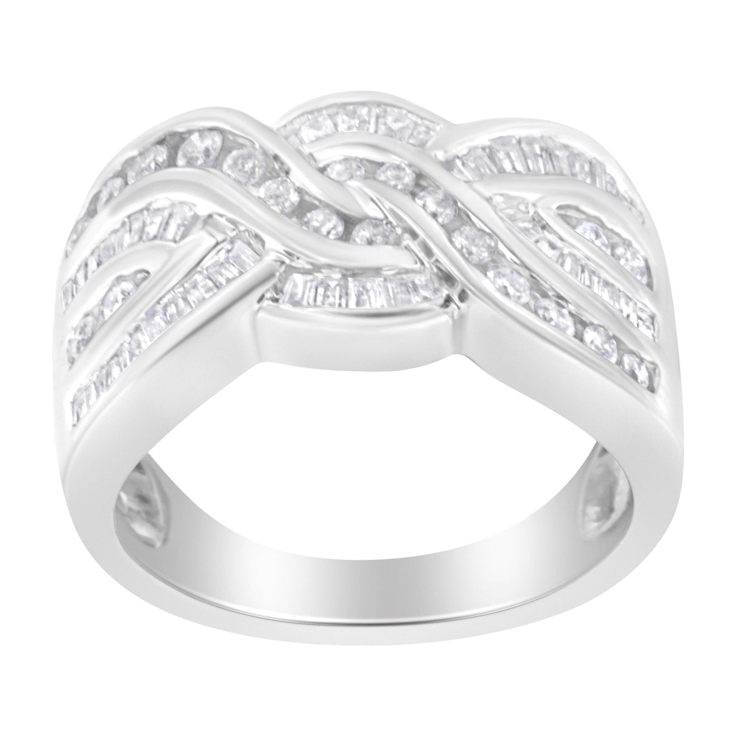 Front-facing view of a white metal ring with intertwined bands featuring channel-set round and baguette-shaped white gemstones.