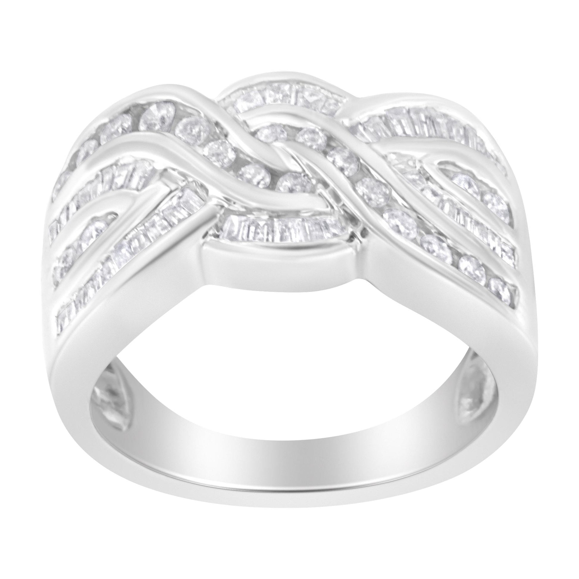 Front-facing view of a white metal ring with intertwined bands featuring channel-set round and baguette-shaped white gemstones.