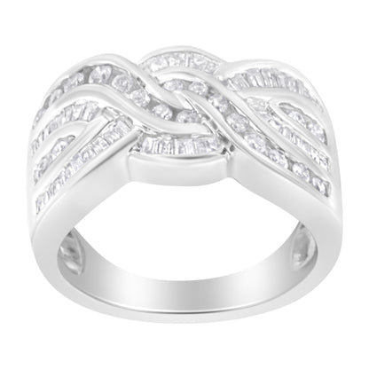 Front-facing view of a white metal ring with intertwined bands featuring channel-set round and baguette-shaped white gemstones.