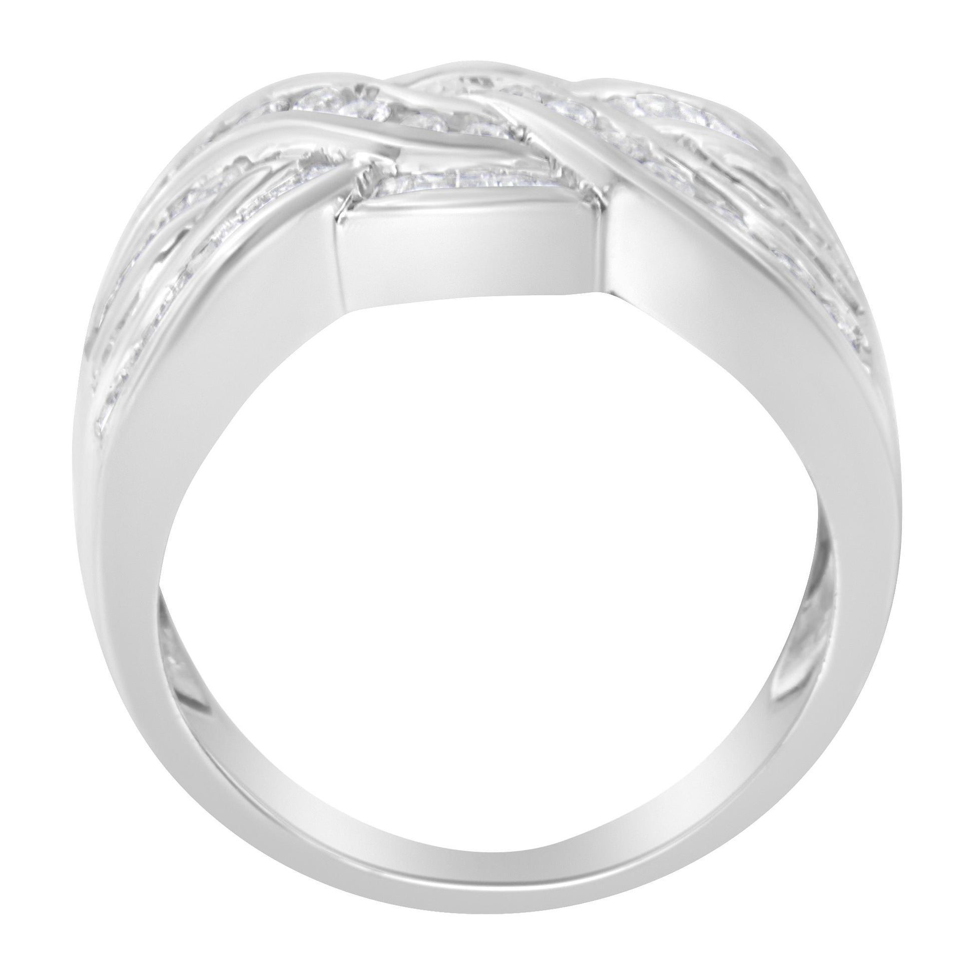 Front close-up of a white metal ring with intertwined bands set with round and baguette white gemstones in channel settings.