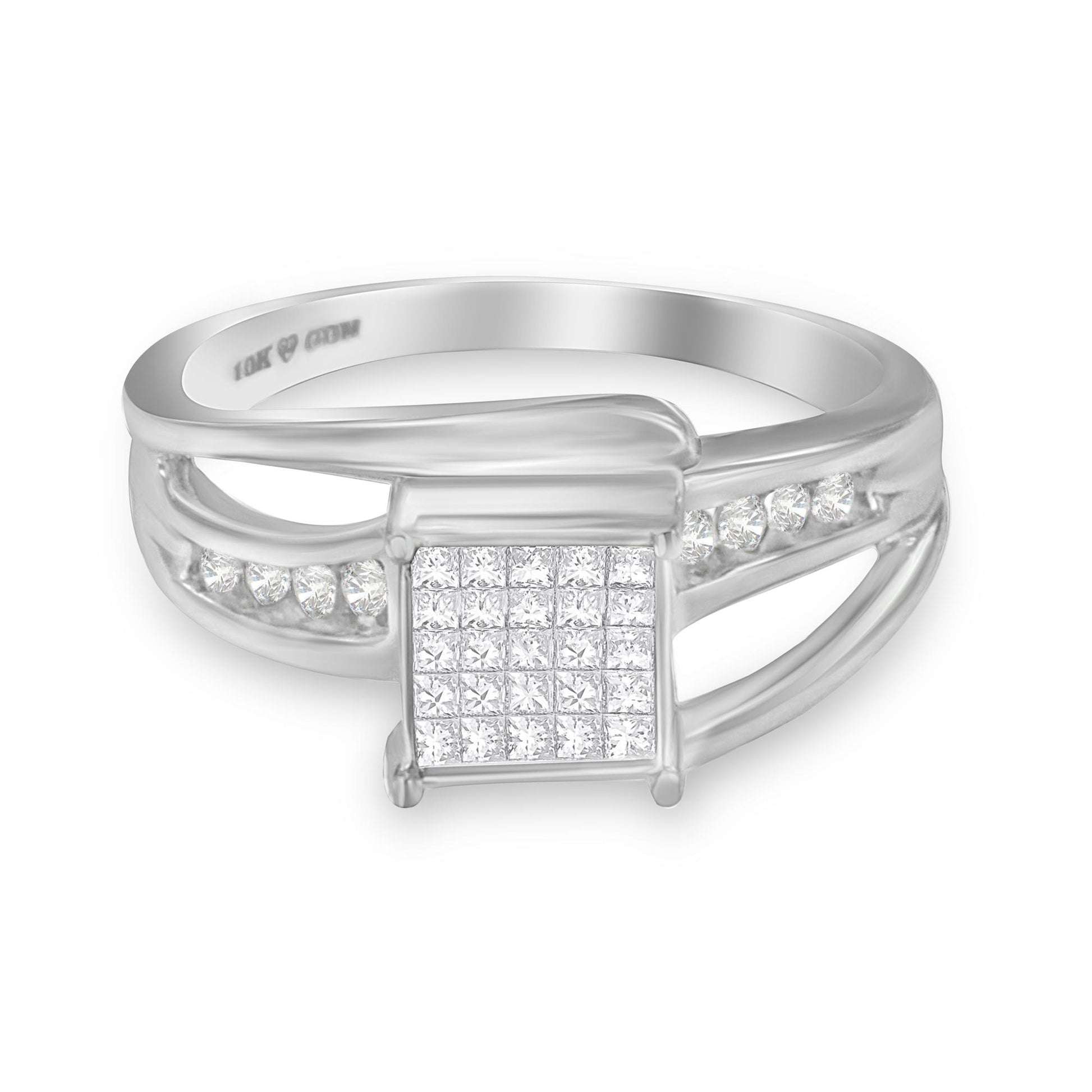 White ring with a square cluster of princess-cut white gemstones in invisible setting and round white gemstones in channel setting on each side, front angle.