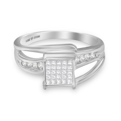 White ring with a square cluster of princess-cut white gemstones in invisible setting and round white gemstones in channel setting on each side, front angle.