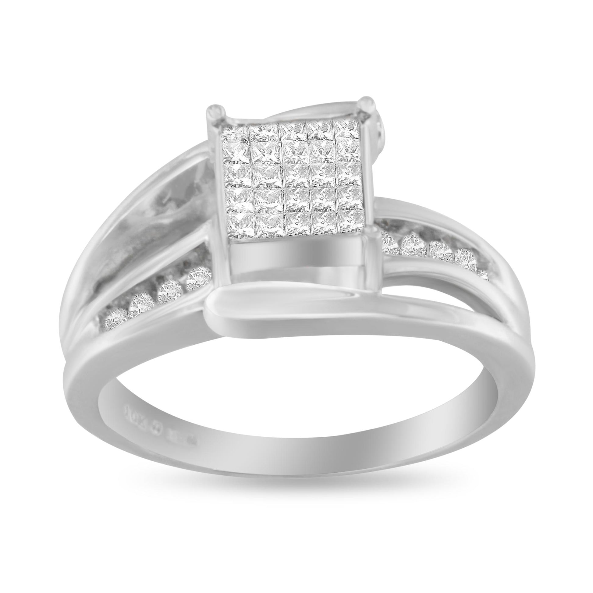 White metal ring with a square cluster of princess-cut white gemstones in invisible setting on top, flanked by round white gemstones in channel settings along the split shank, shown from a front angle.